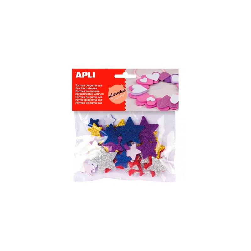 13485 APLI FORMAS GOMA EVA ADHESIVAS ESTRELLAS CON PURPURINA METALIZADA COLORES SURTIDOS -50U-