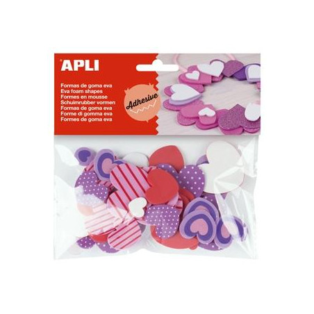 15139 APLI FORMAS GOMA EVA ADHESIVAS CORAZONES ESTAMPADOS COLORES SURTIDOS -40U-