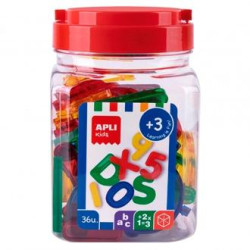 17493 APLI KIT LETRAS Y NÚMEROS 50MM PLÁSTICO TRANSPARENTE COLORES SURTIDOS BOTE 36 UD