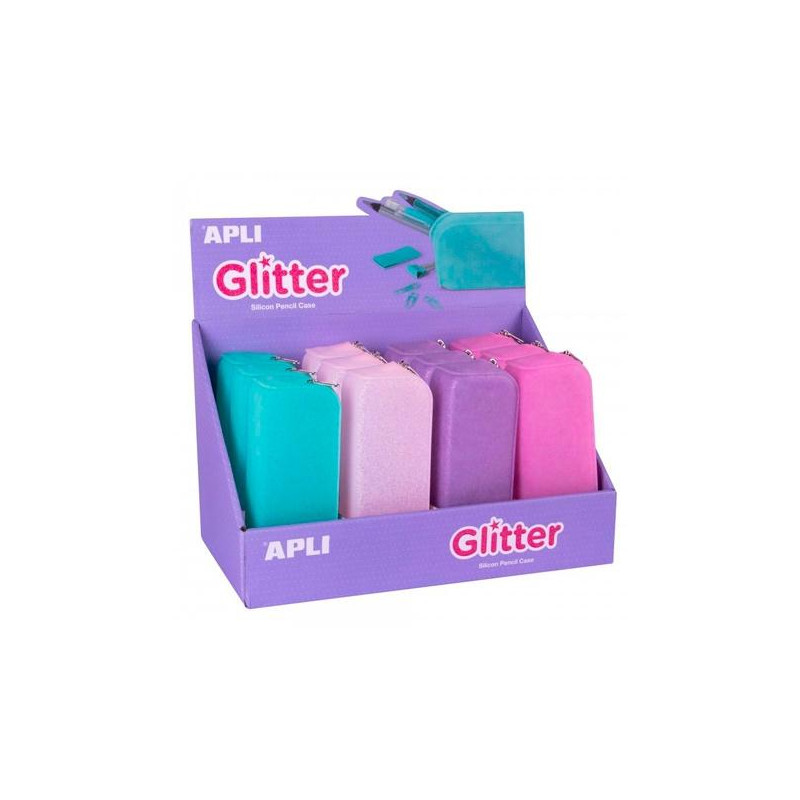 18216 APLI ESTUCHE PORTATODO DE SILICONA SOFT GLITTER COLORES SURTIDOS -EXPOSITOR 12U-