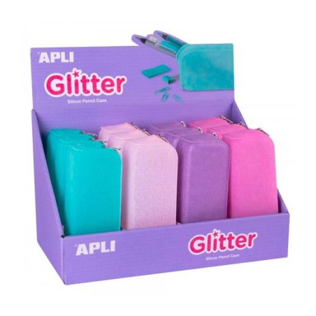 18216 APLI ESTUCHE PORTATODO DE SILICONA SOFT GLITTER COLORES SURTIDOS -EXPOSITOR 12U-