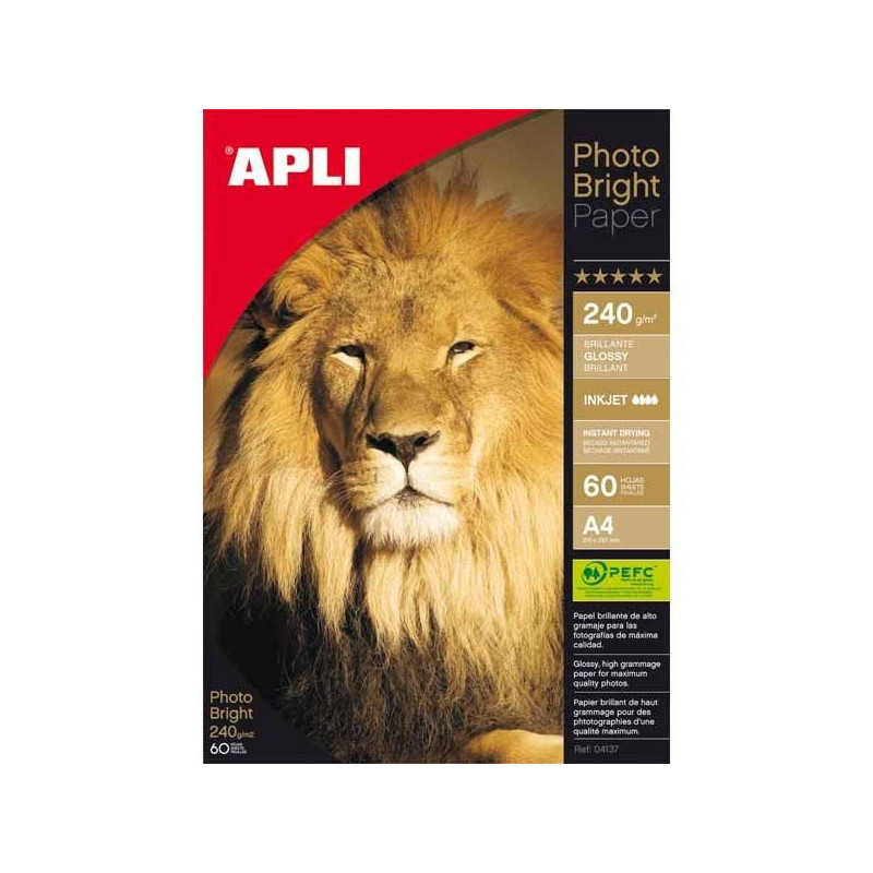 04137 APLI PAPEL FOTOGRÁFICO PROFESIONAL PHOTO BRIGHT A4 240GR INKJET PAQUETE 60H BLANCO BRILLO