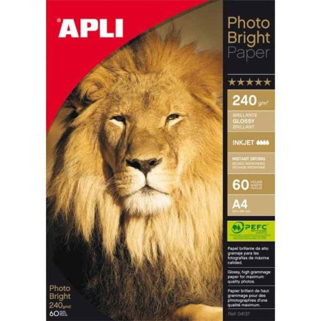 04137 APLI PAPEL FOTOGRÁFICO PROFESIONAL PHOTO BRIGHT A4 240GR INKJET PAQUETE 60H BLANCO BRILLO