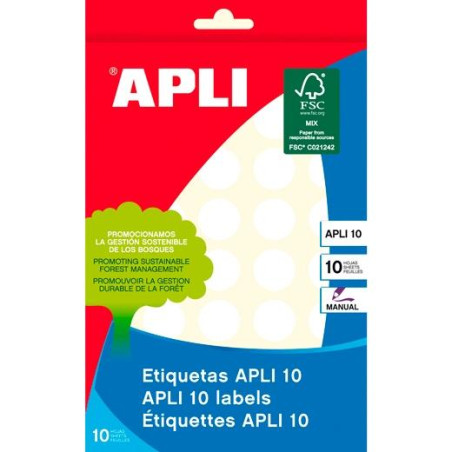 01628 APLI ETIQUETAS ADHESIVAS CIRCULARES Ø19MM ESCRITURA MANUAL 40 X 10H BLANCO