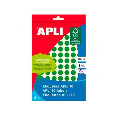 02733 APLI ETIQUETAS ADHESIVAS CIRCULARES Ø10MM ESCRITURA MANUAL 126 X 8H APLI 10 VERDE