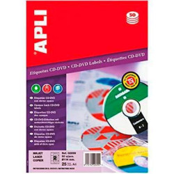 02899 APLI ETIQUETAS ADHESIVAS PARA CD-DVD TAMAÑO CLÁSICO INKJET/LÁSER 2 X 25H DORSO OPACO