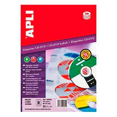 02899 APLI ETIQUETAS ADHESIVAS PARA CD-DVD TAMAÑO CLÁSICO INKJET/LÁSER 2 X 25H DORSO OPACO