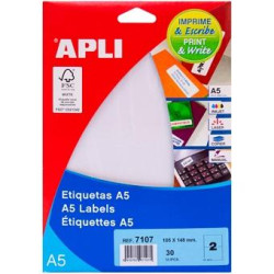 07107 APLI ETIQUETAS ADHESIVAS 105X148MM MANUAL/IMPRESIÓN C/RECTOS 2 X 15H BLANCO