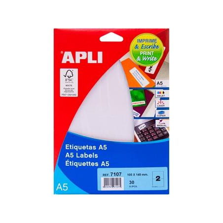 07107 APLI ETIQUETAS ADHESIVAS 105X148MM MANUAL/IMPRESIÓN C/RECTOS 2 X 15H BLANCO