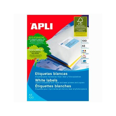 11352 APLI ETIQUETAS ADHESIVAS 297X420MM INKJET/LÁSER C/RECTOS 1 X 100H A3 BLANCO