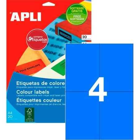 12992 APLI ETIQUETAS ADHESIVAS 105X148MM INKJET/LÁSER C/RECTOS 4 X 20H AZUL