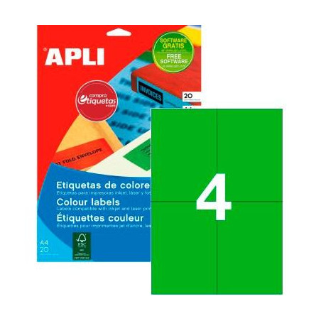 12994 APLI ETIQUETAS ADHESIVAS 105X148MM INKJET/LÁSER C/RECTOS 4 X 20H VERDE