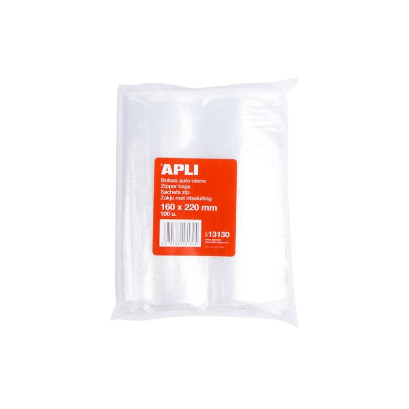 13130 APLI BOLSAS AUTOCIERRE 160X220MM LDPE TRANSPARENTE PACK 100 UD