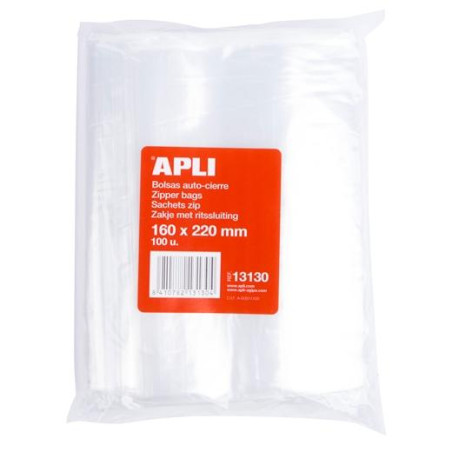 13130 APLI BOLSAS AUTOCIERRE 160X220MM LDPE TRANSPARENTE PACK 100 UD