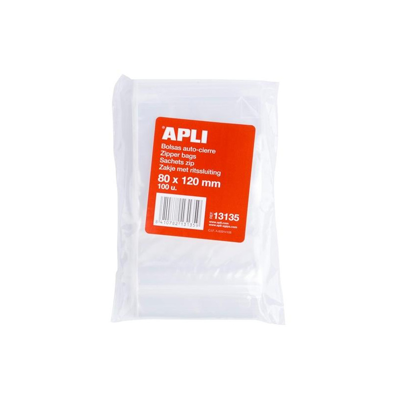 13135 APLI BOLSAS AUTOCIERRE 80X120MM LDPE TRANSPARENTE PACK 100 UD