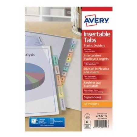 05614501 AVERY ÍNDICES SEPARADORES 12 PESTAÑAS A4 COLORES TRANSPARENTES POLIPROPILENO