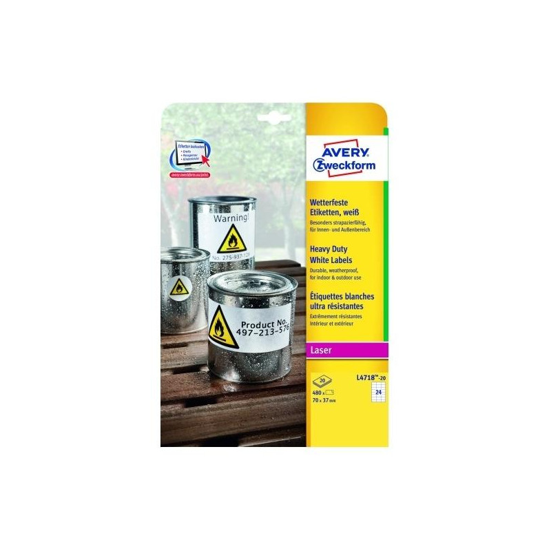 L4718-20 AVERY ETIQUETAS ADHESIVAS EXTRA RESISTENTES 70X37MM LÁSER 24 X 20H POLIÉSTER BLANCO