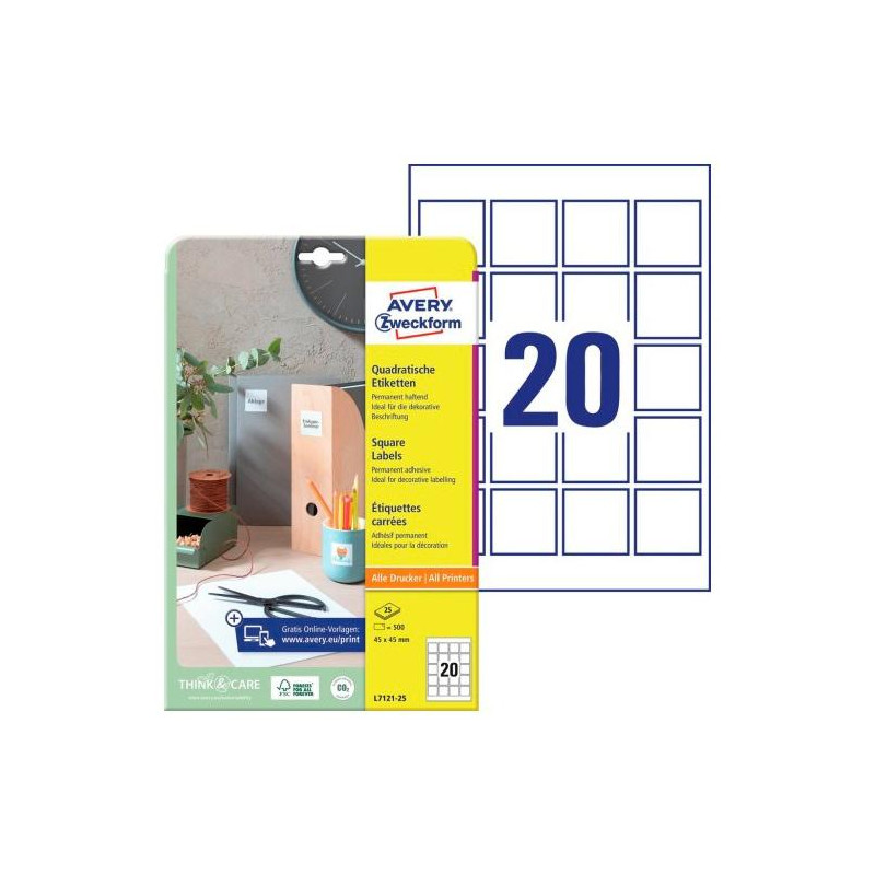 L7121-25 AVERY ETIQUETAS ADHESIVAS PARA CÓDIGOS QR 45X45MM INKJET/LÁSER 20 X 25H BLANCO