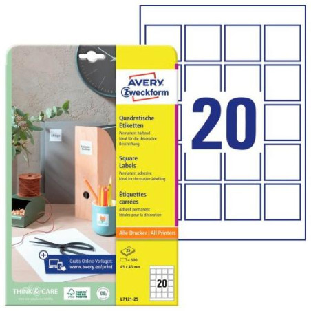 L7121-25 AVERY ETIQUETAS ADHESIVAS PARA CÓDIGOS QR 45X45MM INKJET/LÁSER 20 X 25H BLANCO