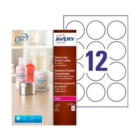 L7127-10 AVERY ETIQUETAS ADHESIVAS CIRCULARES Ø60MM LÁSER 12 X 10H TRANSPARENTE BRILLANTE