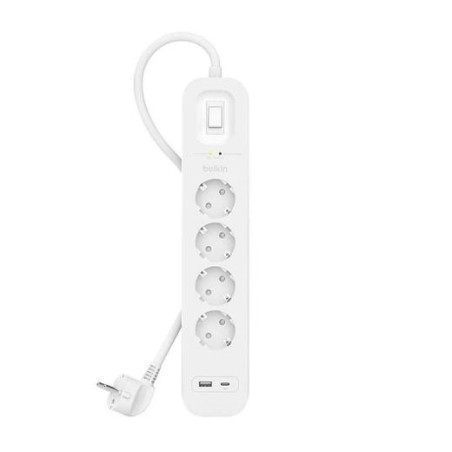 SRB001VF2M BELKIN REGLETA DE PROTECCION CONTRA SOBRETENSIONES CON 4 TOMAS + USB + USB-C BOTÓN DE APAGADO Y ENCENDIDO BLANCO