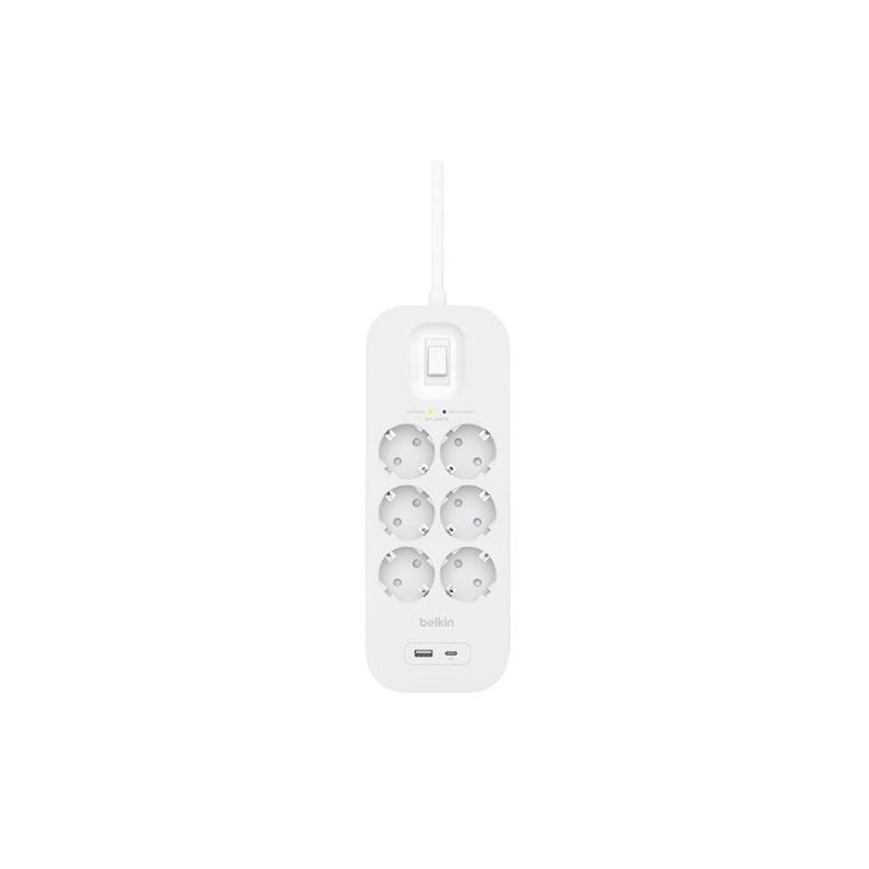 SRB002VF2M BELKIN REGLETA DE PROTECCION CONTRA SOBRETENSIONES CON 6 TOMAS + USB + USB-C BOTÓN DE APAGADO Y ENCENDIDO BLANCO