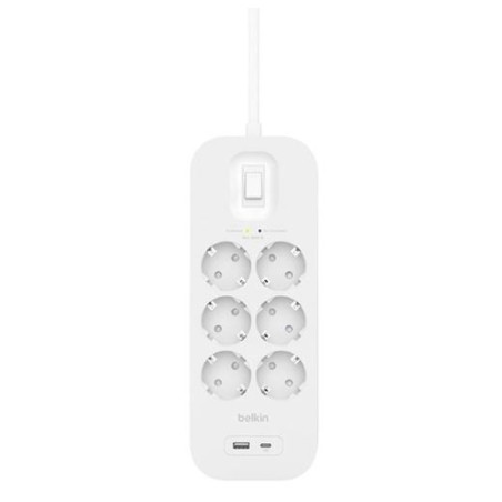 SRB002VF2M BELKIN REGLETA DE PROTECCION CONTRA SOBRETENSIONES CON 6 TOMAS + USB + USB-C BOTÓN DE APAGADO Y ENCENDIDO BLANCO