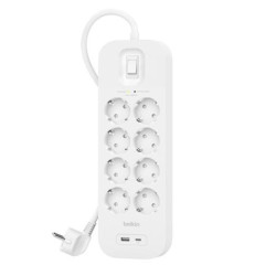 SRB003VF2M BELKIN REGLETA DE PROTECCION CONTRA SOBRETENSIONES CON 8 TOMAS + USB + USB-C BOTÓN DE APAGADO Y ENCENDIDO BLANCO