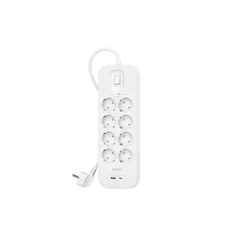 SRB003VF2M BELKIN REGLETA DE PROTECCION CONTRA SOBRETENSIONES CON 8 TOMAS + USB + USB-C BOTÓN DE APAGADO Y ENCENDIDO BLANCO