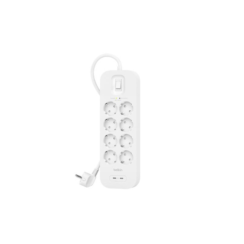 SRB004VF2M BELKIN REGLETA DE PROTECCION CONTRA SOBRETENSIONES CON 8 TOMAS + 2 USB-C BOTÓN DE APAGADO Y ENCENDIDO BLANCO