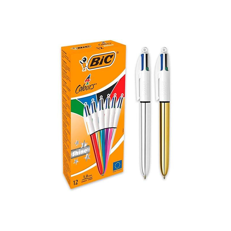 964775 BIC BOLÍGRAFO 4 COLORES SHINE SILVER CUERPO BLANCO/SURTIDO METÁLICO CAJA 12 UD