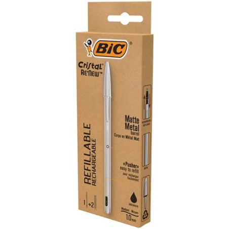 997201 BIC BOLÍGRAFO CRISTAL RE-NEW TINTA NEGRA COLOR PLATA BLÍSTER 1 UD + 2 RECARGAS