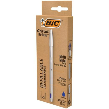 997202 BIC BOLÍGRAFO CRISTAL RE-NEW TINTA AZUL COLOR PLATA BLÍSTER 1 UD + 2 RECARGAS