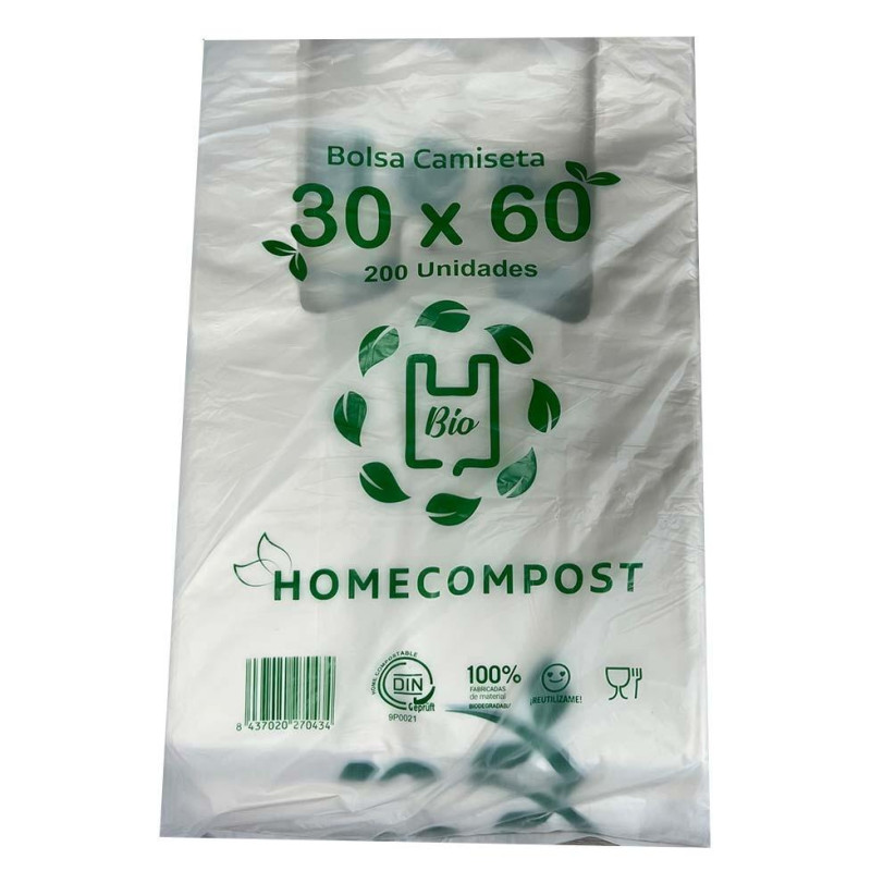 70434 BOLSA DE CAMISETA 30X60CM COMPOSTABLE 14 MICRAS PAQUETE 200 UD