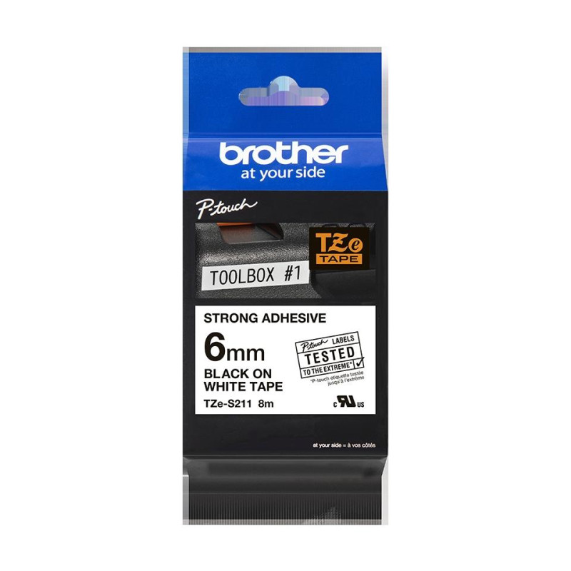 TZE-S211 BROTHER CINTA ROTULADORA LAMINADA SUPER ADHESIVA NEGRO SOBRE FONDO BLANCO DE 6MMX8M