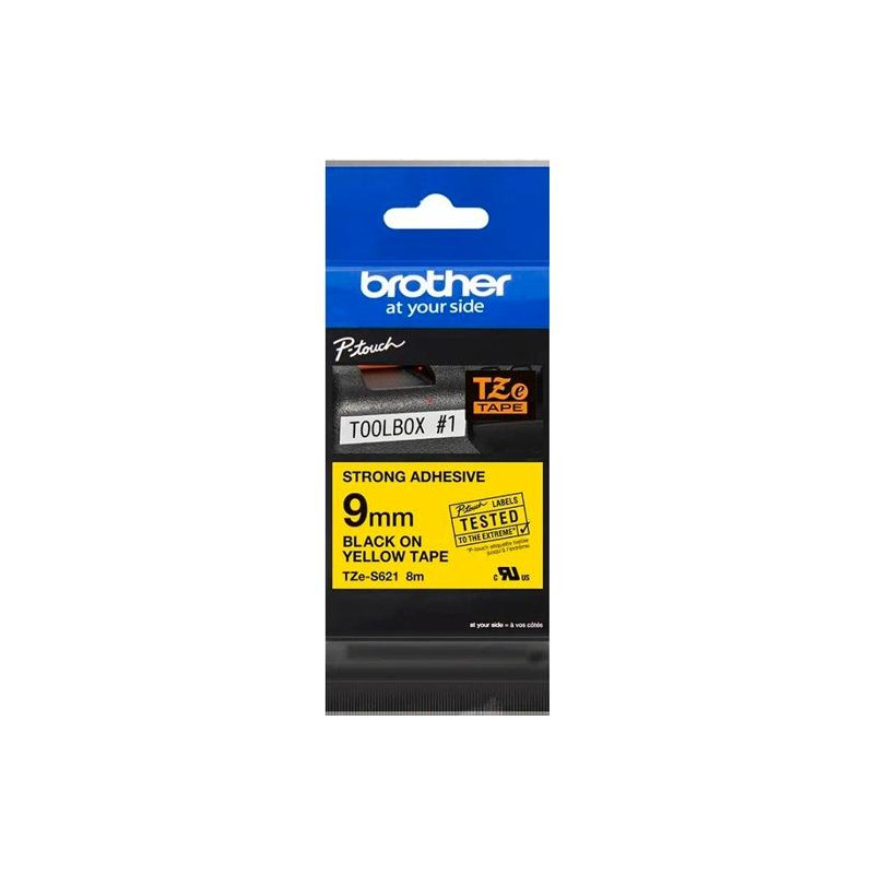 TZE-S621 BROTHER CINTA ROTULADORA LAMINADA SUPER ADHESIVA NEGRO SOBRE FONDO AMARILLO DE 9MMX8M