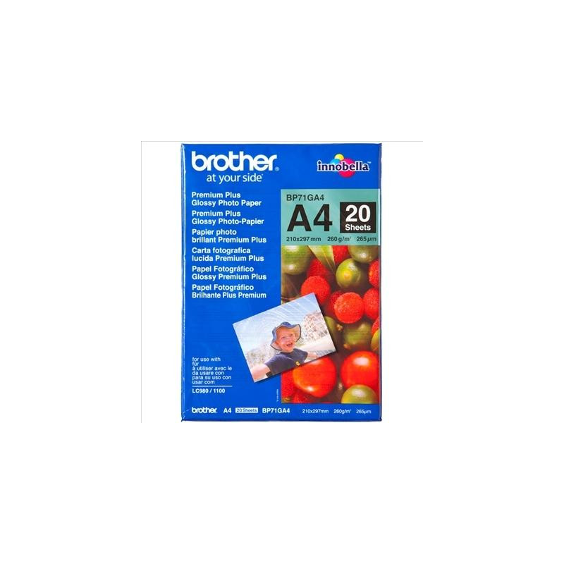 BP71GA4 BROTHER PAPEL FOTOGRÁFICO GLOSSY PREMIUM A4 260GR INKJET PAQUETE 20H BLANCO BRILLO