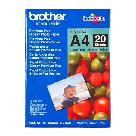 BP71GA4 BROTHER PAPEL FOTOGRÁFICO GLOSSY PREMIUM A4 260GR INKJET PAQUETE 20H BLANCO BRILLO