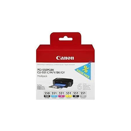 6496B005 CANON TINTA MULTIPACKPACK PGBK / C / M / Y / BK / GY PIXMA IP7250 IP7240 - PGI550 + CLI551 (PACK 6 COLORES)