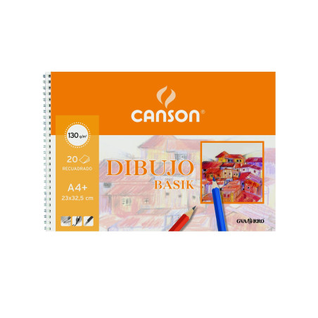 C200408061 CANSON BLOC DIBUJO BASIK ESPIRAL 20H A4+ 130GR MICROPERFORADO C/RECUADRO BLANCO NATURAL -10U-