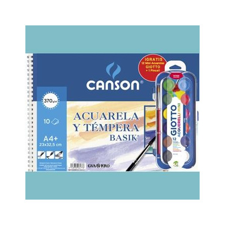 C32500K012 CANSON BLOC ACUARELA Y TÉMPERA BASIK ESPIRAL 10 HOJAS + 12 ACUERLAS MINI + PINCEL GRATIS 370GR 23X32