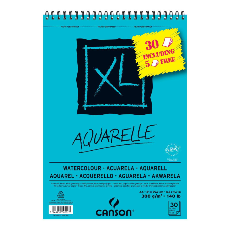 C400110016 CANSON BLOC ACUARELA AQUARELLE FINO XL ESPIRAL 25 + 5(GRATIS) HOJAS 300GR 21X29