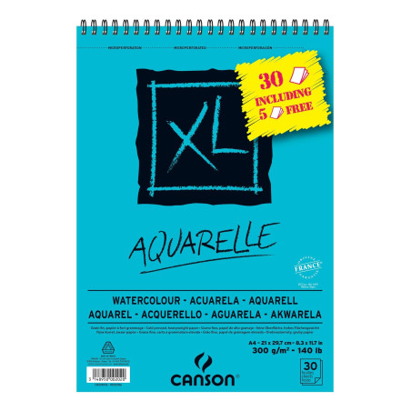 C400110016 CANSON BLOC ACUARELA AQUARELLE FINO XL ESPIRAL 25 + 5(GRATIS) HOJAS 300GR 21X29