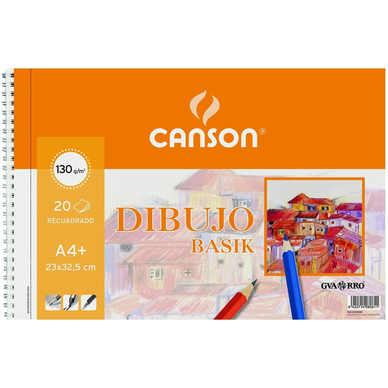 C400110485 CANSON BLOC DIBUJO BASIK ESPIRAL 20H+20% GRATIS A4+ 130GR MICROPERFORADO C/RECUADRO BLANCO NATURAL -10U-