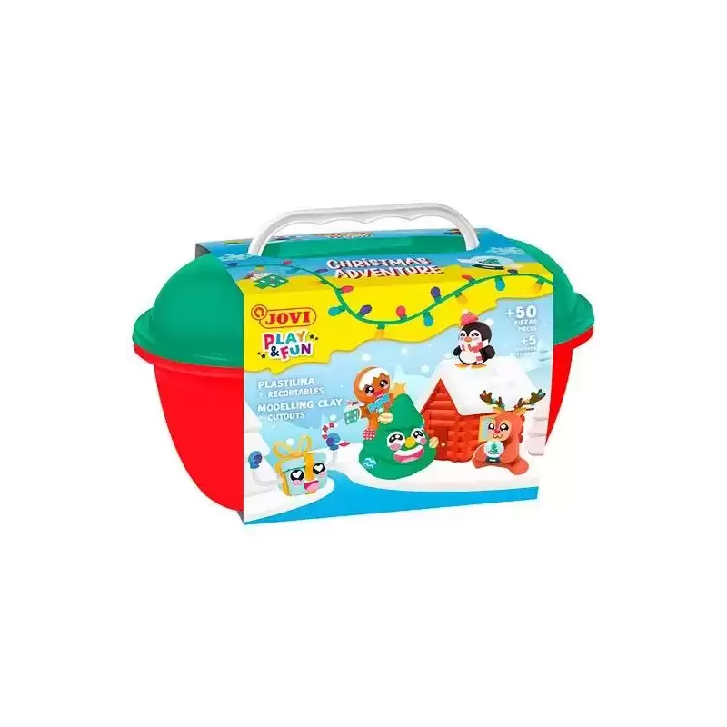 2205 JOVI COFRE PLAY&FUN 24 PASTILLAS PLASTILINA 15GR + MOLDEADORES + RECORTABLES NAVIDAD