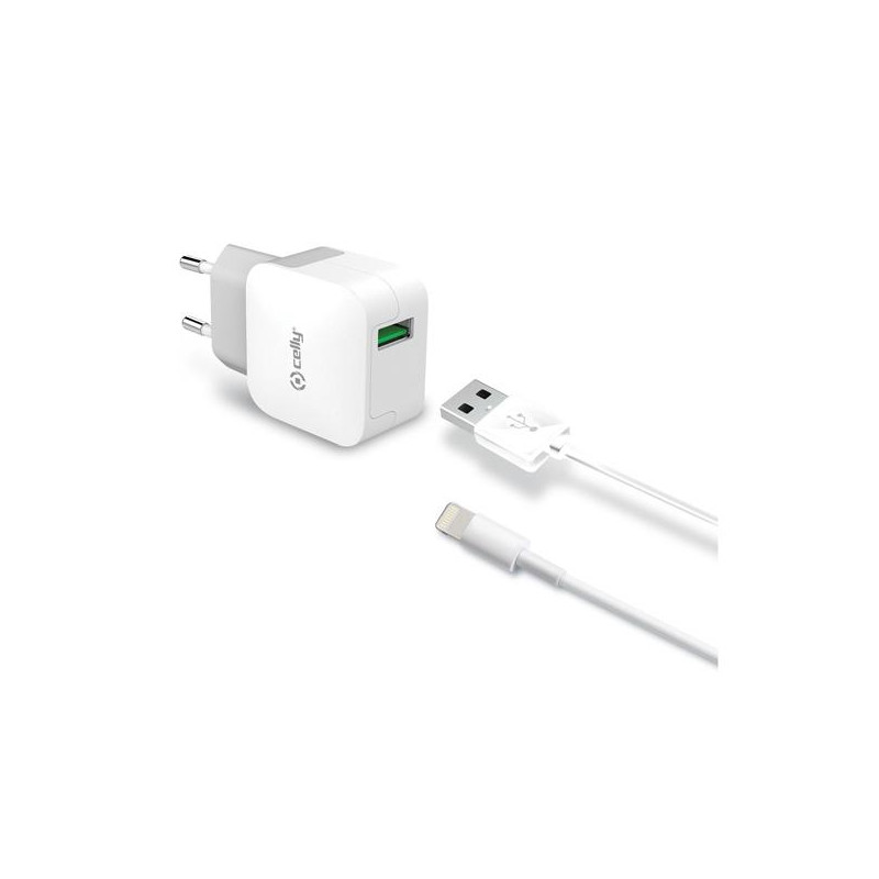 TCUSBLIGHT CELLY CARGADOR PARED USB + CABLE USB - LIGHTNING 12W BLANCO