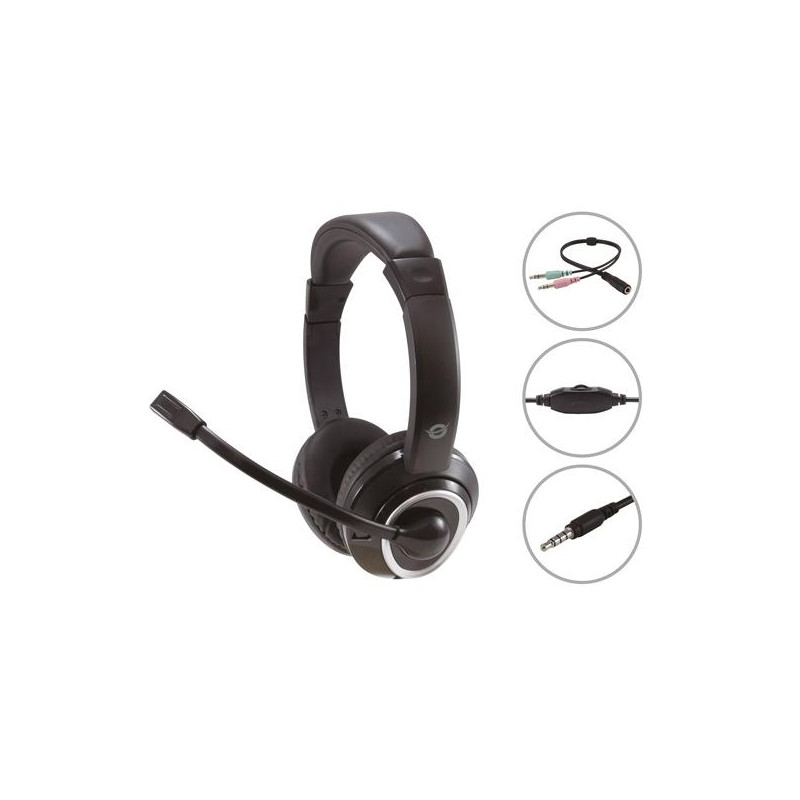 POLONA02BA CONCEPTRONIC AURICULARES JACK 3.5 MM MICROFONO FLEXIBLE CONTROL VOLUMEN INCLUYE ADAPTADOR 1 A 2 JACKS 3.5 MM NEGRO