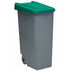 23450-VE DENOX CONTENEDOR DE RECICLAJE C/RUEDAS Y ASA CERRADO 110L GRIS C/TAPA VERDE