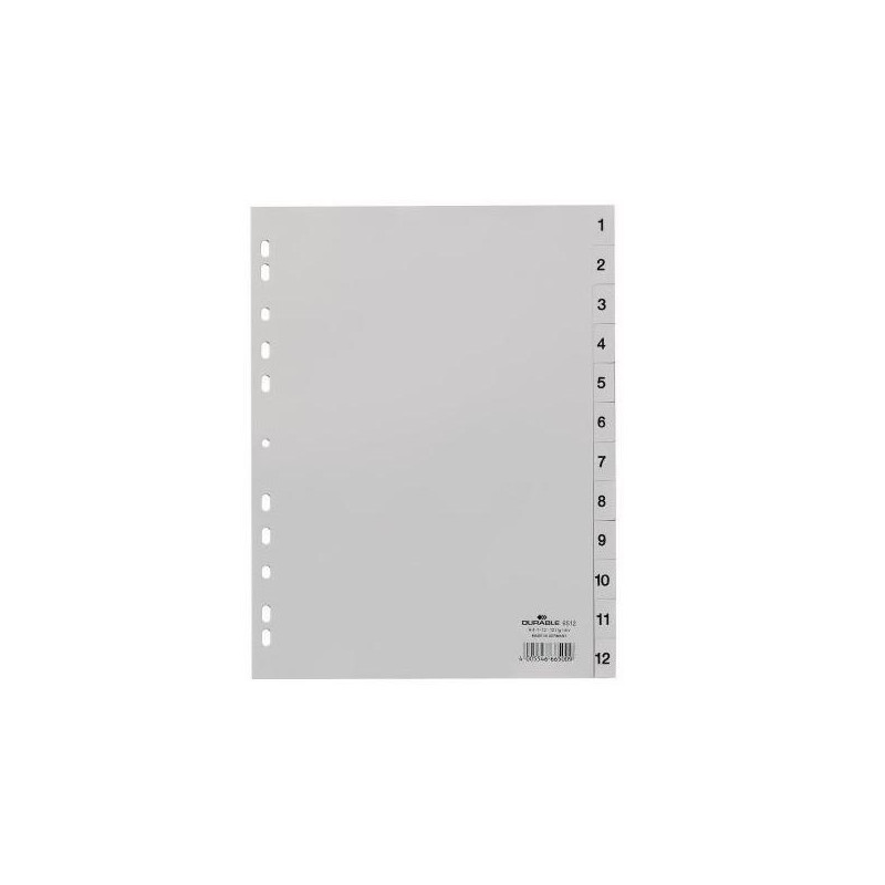 651210 DURABLE ÍNDICES PP CON PESTAÑAS IMPRESAS DIVISIÓN NUMÉRICA 1-12 VERTICAL A4 GRIS