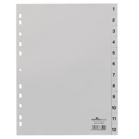 651210 DURABLE ÍNDICES PP CON PESTAÑAS IMPRESAS DIVISIÓN NUMÉRICA 1-12 VERTICAL A4 GRIS